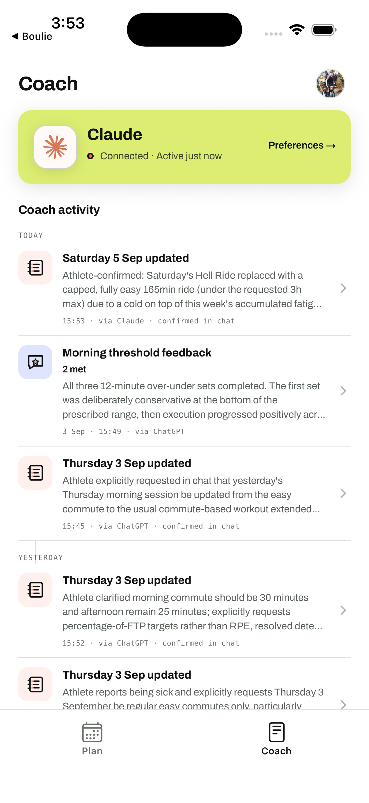 The shared Coach workspace recording the Thursday plan update and subsequent workout feedback