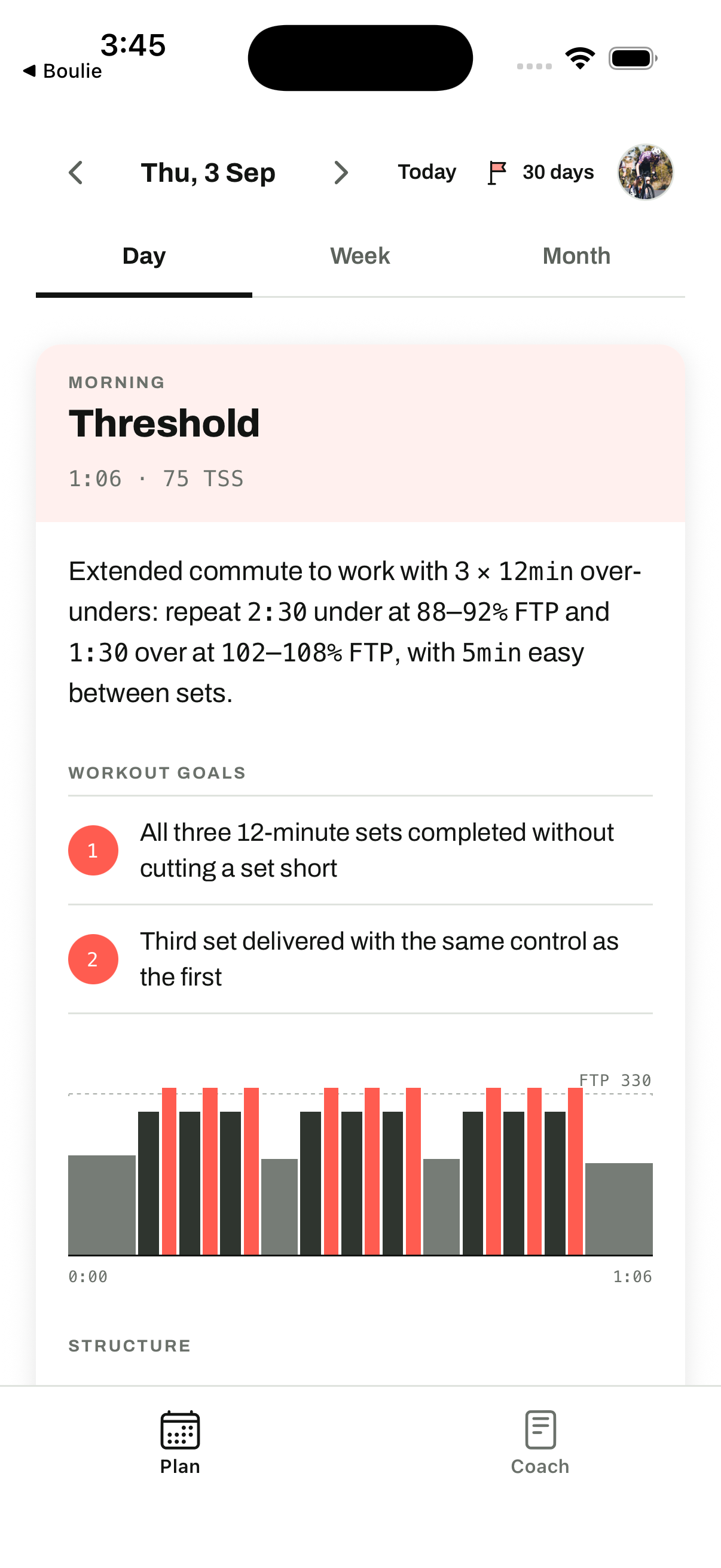 Thursday’s commute-based three-by-twelve-minute over-under workout ready to follow in Boulie