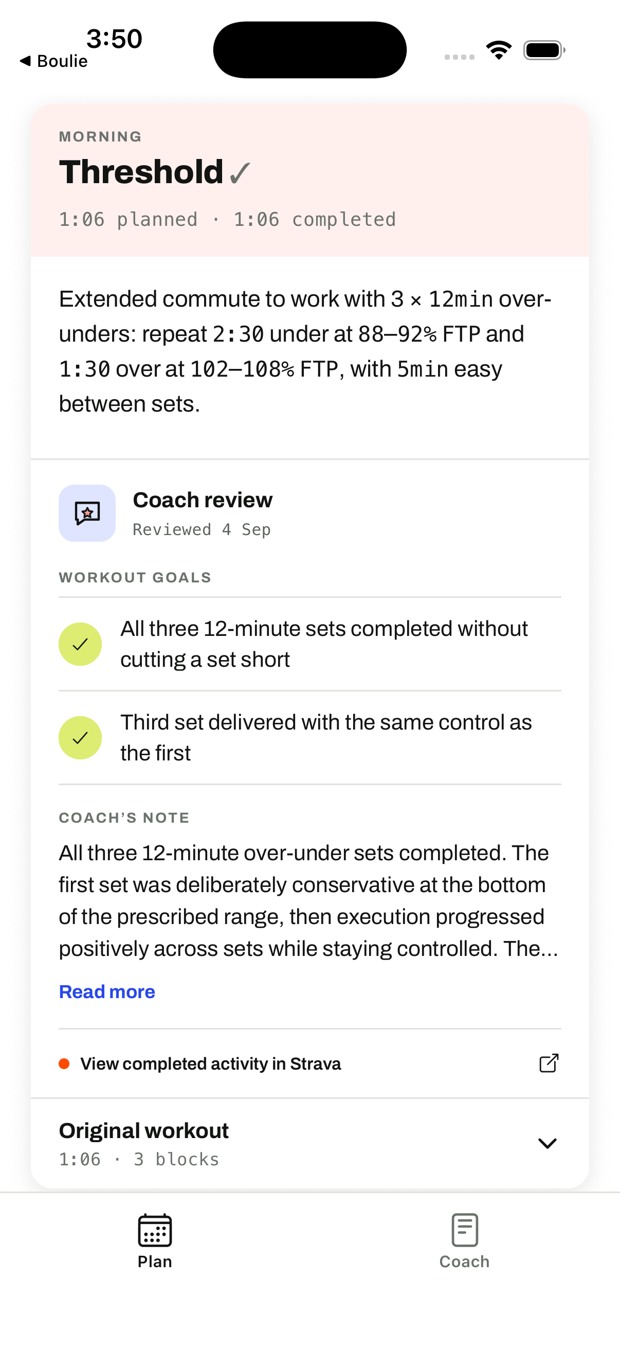 The same Thursday over-under workout completed with both goals met and coaching feedback
